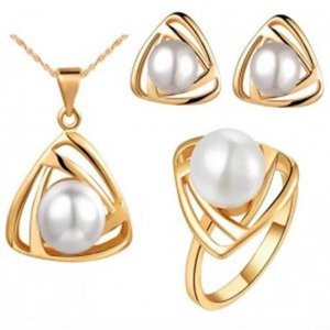 Gold Platinum Plated Pearl Jewelry Set - Necklace / Earrings / Ring