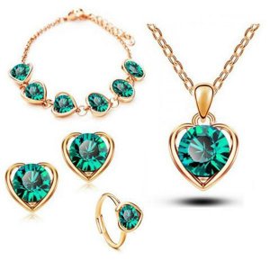 Gold & Silver Plated Crystal Heart Shape Jewelry Set- Earring Necklace Bracelet Ring