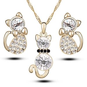 Romantic Engagement Gold Plated Cute Cat Jewelry Set- Necklace and Earrings