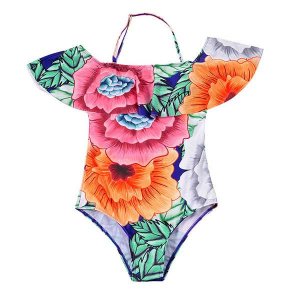 Off Shoulder Collar Leaf Side Printing Floral Swimsuit Bikini