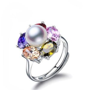 Colorful Ruby Zirconia Silver Pearl Adjustable Ring