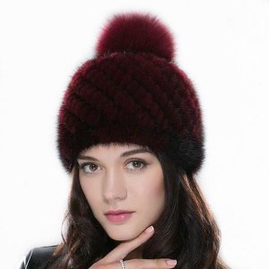 Knitted Mink Winter Beanies Cap With Fox For Women